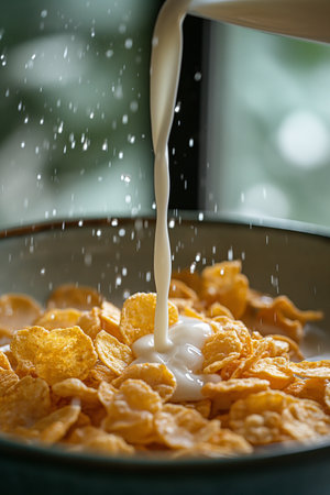 Milk pouring onto cornflakes in a bowl, kitchen backgroundの素材