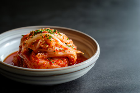 Kimchi plated in a shallow bowl on a dark backgroundの素材