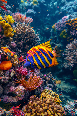 Royal Angelfish swimming on underwater colorful coral reef background deep in the oceanの素材