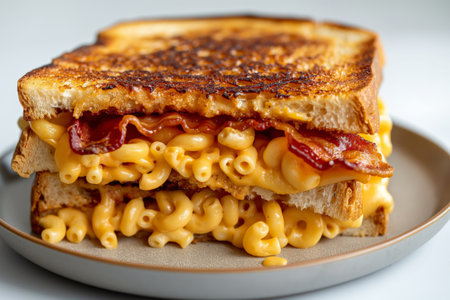 Toasty grilled cheese sandwich filled with macaroni and bacon on a white plateの素材