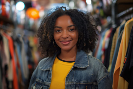 Smiling woman in yellow top and denim jacket shops at a thrift storeの素材
