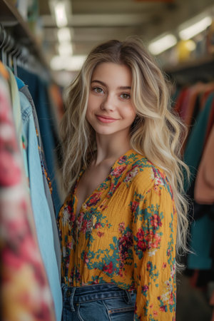 Woman in a floral dress smiles while browsing through a thrift shopの素材