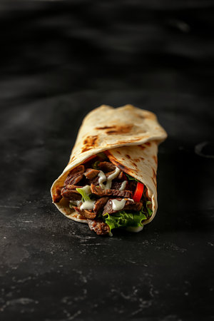 Appetizing beef shawarma wrap on a dark background, loaded with fresh veggiesの素材