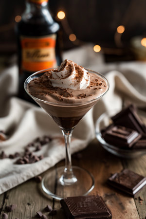 Chocolate cocktail topped with whipped cream and cocoa shavings, served in an elegant martini glassの素材