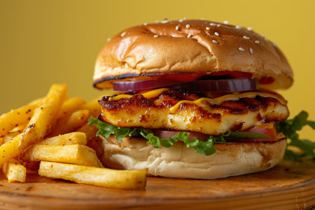 Tasty halloumi burger with lettuce, tomato, onion, and fries on a sesame bun, on a wooden boardの素材