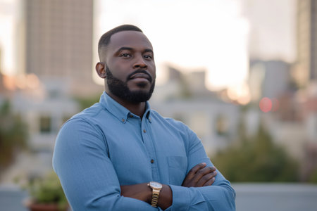 Confident serious young adultAfrican American businessman in blue shirt against cityscapeの素材