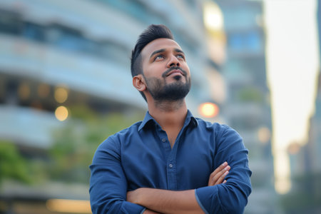 Confident serious young adult Indian businessman in blue shirt against cityscapeの素材