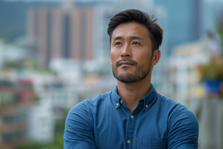 Confident serious young adult Asian businessman in blue shirt against ccityscapeの素材