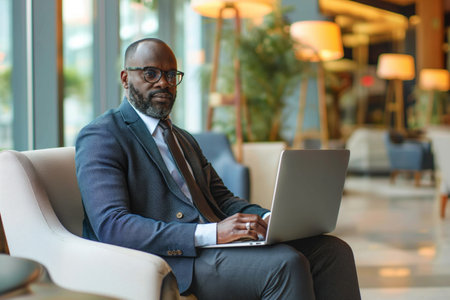 African American businessman sitting in the hotel lobby working with laptop. Business travel conceptの素材