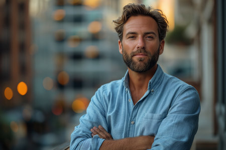 Confident serious young adult businessman in blue shirt against cityscapeの素材