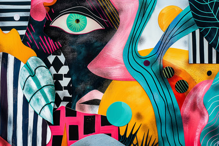 Graffiti mural with fluid shapes and a striking eye in vibrant colorsの素材
