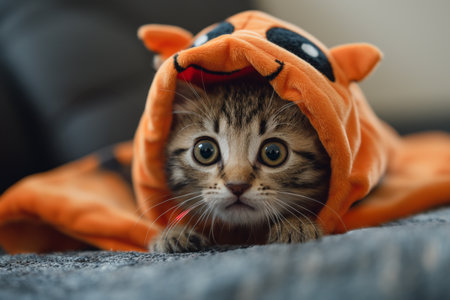 A little kitten peeks out from under the blanket and looks playfully curiousの素材