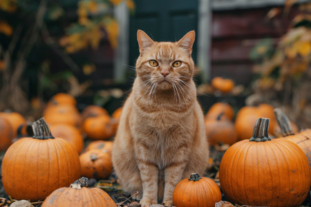 Tabby cat among a cluster of pumpkins on an autumn dayの素材