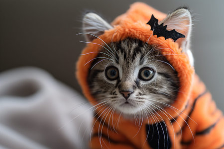 Cute kitten wearing a tiger costume looks curiously, surrounded by soft fabricの素材