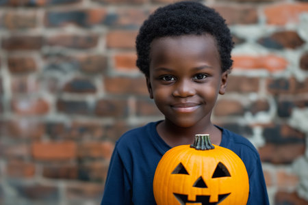 Cheerful boy smiles while holding a carved pumpkin against a brick wallの素材