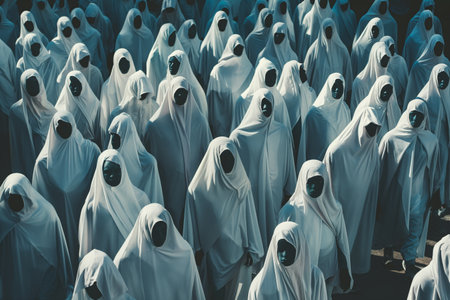 Spectral crowd in daylight, ghostly figures in blue celebrate Halloweenの素材