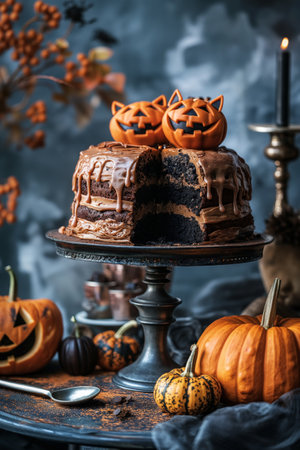 Moody chocolate pumpkin cake with dark icing and candlelight for a spooky ambianceの素材