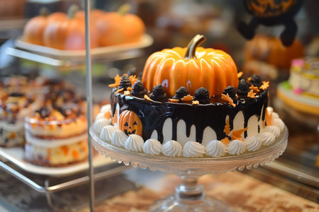 Elegant black and orange pumpkin cake on a glass stand, ready for Halloweenの素材