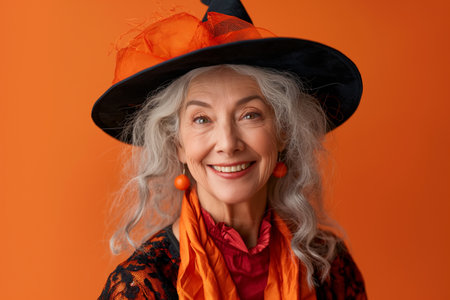 Cheerful elderly in witch hat and orange scarf enjoys Halloweenの素材