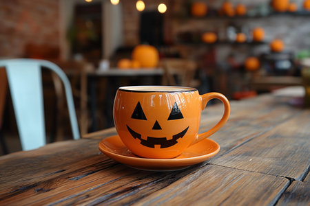 Festive pumpkin themed coffee cup in a cafe setting, ideal for Halloween and autumn vibesの素材
