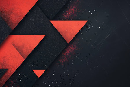 Modern abstract design with red triangles on a black textured backgroundの素材