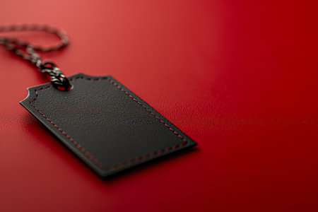Stylish black leather tag with red stitching on a textured background, showcasing premium qualityの素材