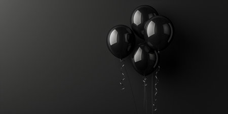 Group of glossy black balloons floating together, creating an elegant and moody atmosphereの素材