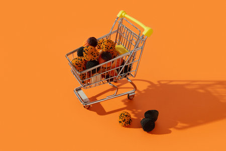 Candy in shopping cart on orange background. Halloween sale conceptの写真素材