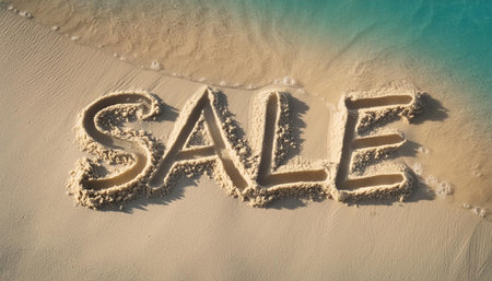 Sale text written in beach sand near sea waves, summer vacation promotionの素材