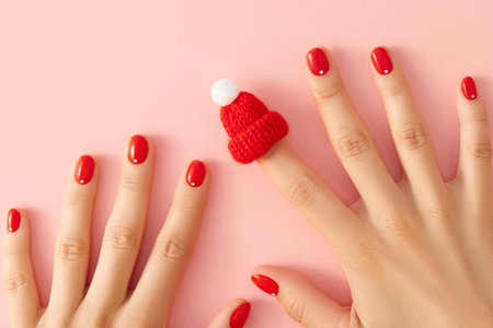 Womans hands with red minimalist nail design. Manicure, pedicure beauty salon conceptの写真素材