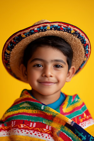 A cheerful boy with a wide smile, wearing a vibrant poncho and hat, set against a yellow backdropの素材