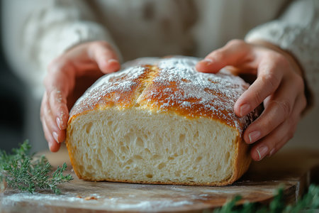 Hands holding gently a golden loaf of bread with a floury crust and soft, airy interiorの素材