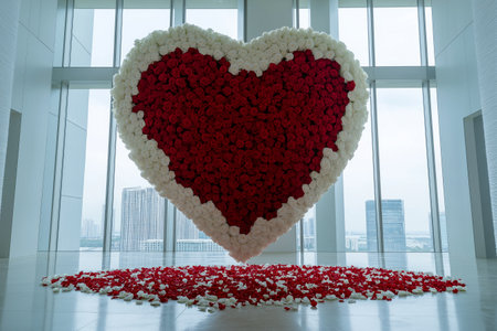 A heart shaped floral arrangement of red and white roses floats in front of large windowsの素材