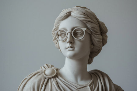 A marble bust wearing small, modern glasses, with intricate hair detail and minimalist clothing foldsの素材