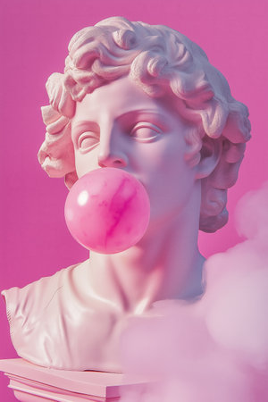A marble statue blowing pink bubblegum, with soft pink lighting and a pastel background, creating contrastの素材