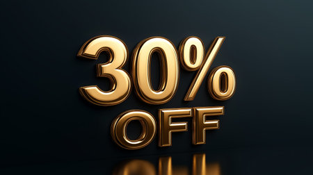 Bold shiny gold 30% OFF text with a smooth metallic finish, floating on a dark backgroundの素材