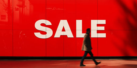 Red sale billboard with large white letters, with a personの素材
