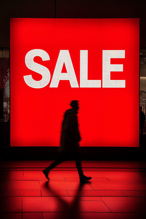 Illuminated red sale sign with large white text, showing a pedestrian silhouette in motionの素材