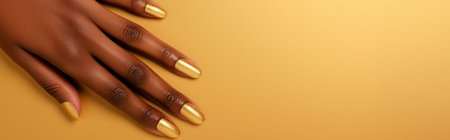 A hand with shiny metallic gold nails resting on a smooth gold backdropの素材