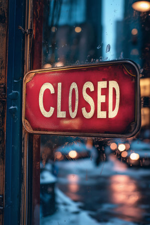 A red closed sign on a storefront window with reflections of wet streets and bokeh city lightsの素材