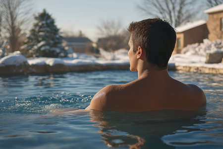 A man relaxes in an outdoor pool during winter, surrounded by snow and peaceful sceneryの素材