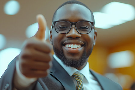 A smiling young man in a suit and glasses gives a thumbs up in a brightly lit office settingの素材