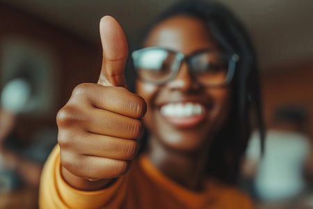 A cheerful woman with glasses gives a thumbs up in a close up shot, with a warm, blurry backgroundの素材
