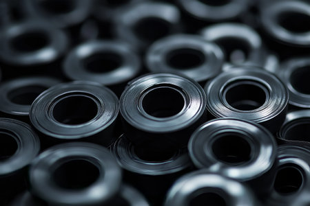 A detailed view of black industrial rings stacked together, highlighting their shiny, smooth surfacesの素材