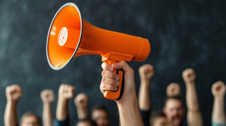 Close up of an orange megaphone raised high as a group of people in the background cheerの素材