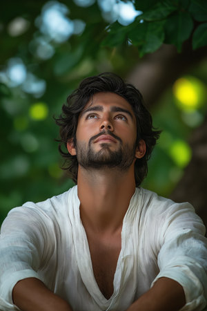 A bearded man in a white shirt gazes thoughtfully upward, surrounded by lush greeneryの素材