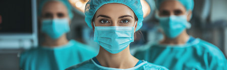 Young surgeon in a mask and scrubs standing confidently with medical lights glowing behind herの素材