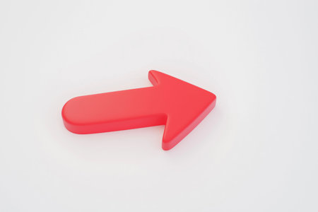 A simple, shiny red arrow pointing to the right, with a clean and smooth 3D rendered designの素材