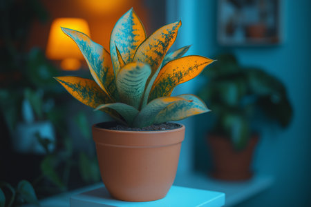 A vibrant plant with yellow and green leaves in a terracotta pot, set against a warm indoor ambianceの素材