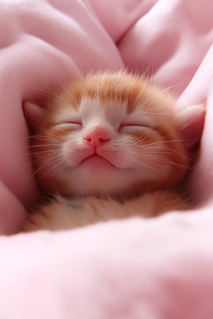 Tiny kitten peacefully sleeping, wrapped in a soft pink blanket, with closed eyes and a tiny noseの素材